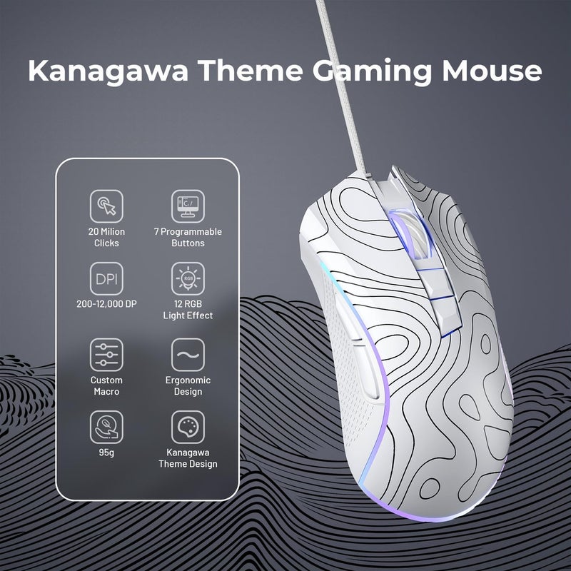 HITIME XVX G705 Wired Gaming Mouse, 12000 DPI RGB Gaming Mouse with 12 Backlit Modes & 7 Macro Buttons, PC Gaming Mice Support DIY Keybinding, Mouse Gamer Computer Mouse for Laptop PC Mac Windows,Topographic - Image 1